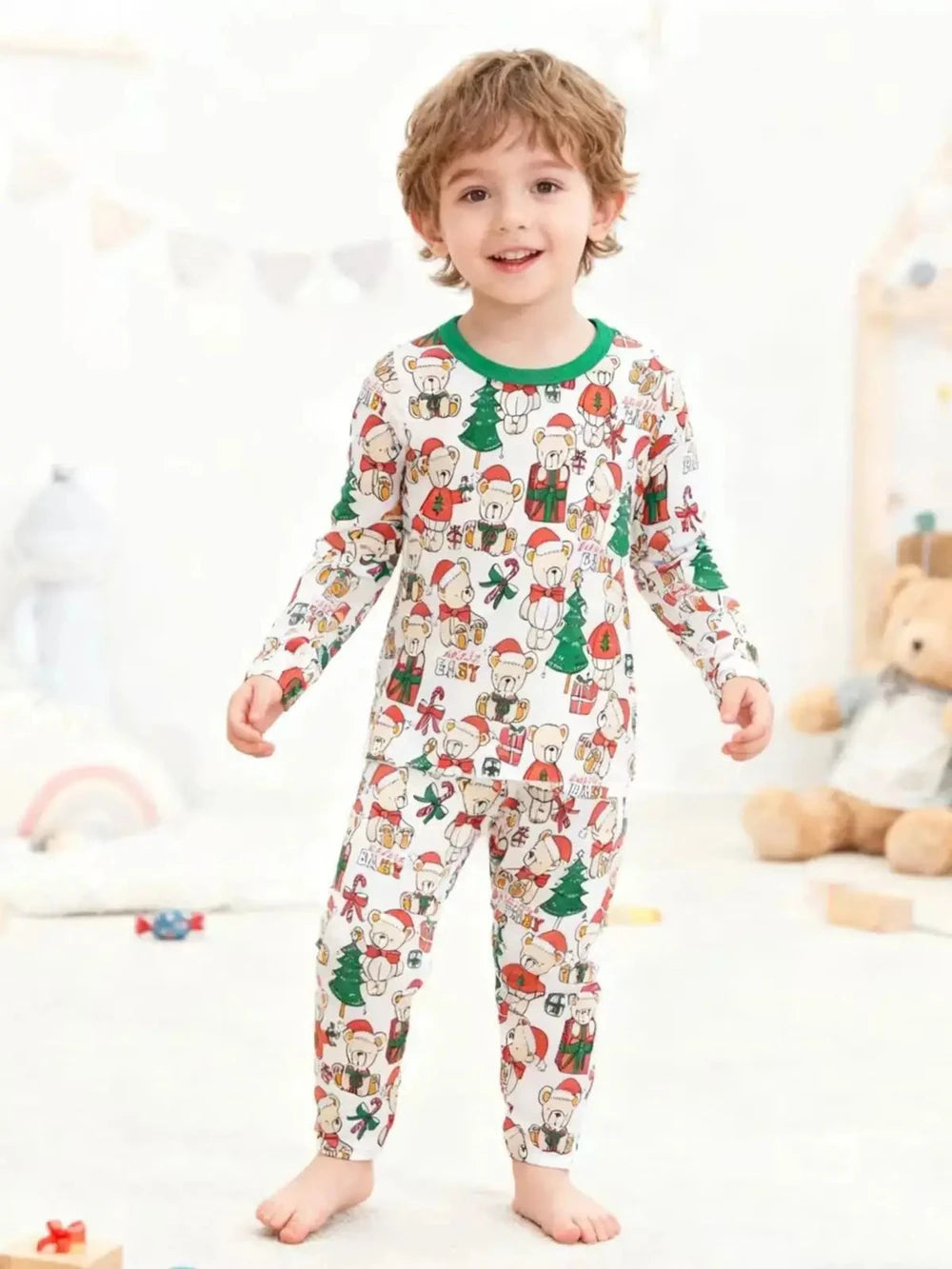 Christmas kids pajama's 100% Cotton Children's Sleepwear, Long Sleeved Pajamas Long Pants Set for Boys and Girls Aged 1-8