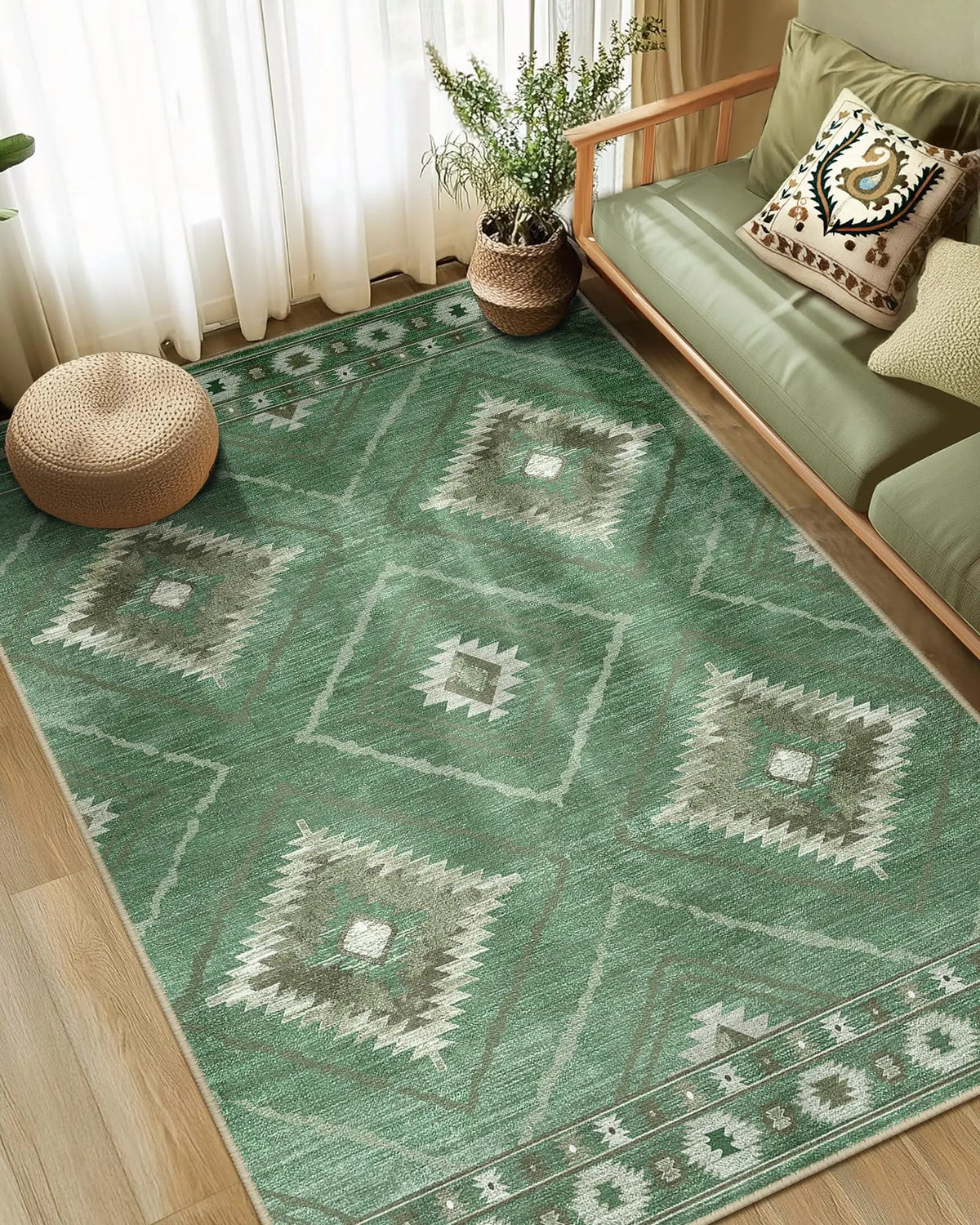 Boho Southwestern Geometric Area Rug, Red Blue Aztec Diamond Border Print, Non-Slip Washable Mat for Living Room Sofa Dining