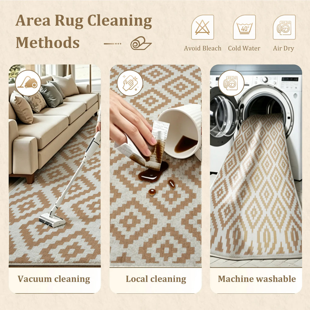 Large Indoor Area Rug, Soft Velvet Low Pile Rug with Non-slip Dotted Backing, Machine Washable Aztec Geometric Pattern Rug, Tan White Tribal Accent Rug for Living Room, Bedroom, Entryway