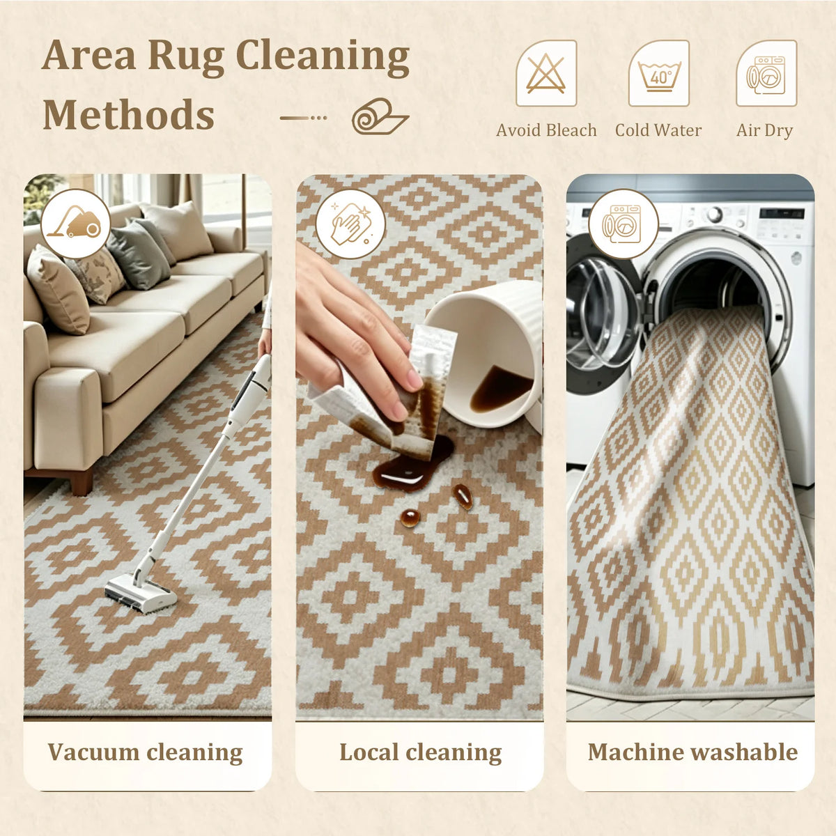 Large Indoor Area Rug, Soft Velvet Low Pile Rug with Non-slip Dotted Backing, Machine Washable Aztec Geometric Pattern Rug, Tan White Tribal Accent Rug for Living Room, Bedroom, Entryway