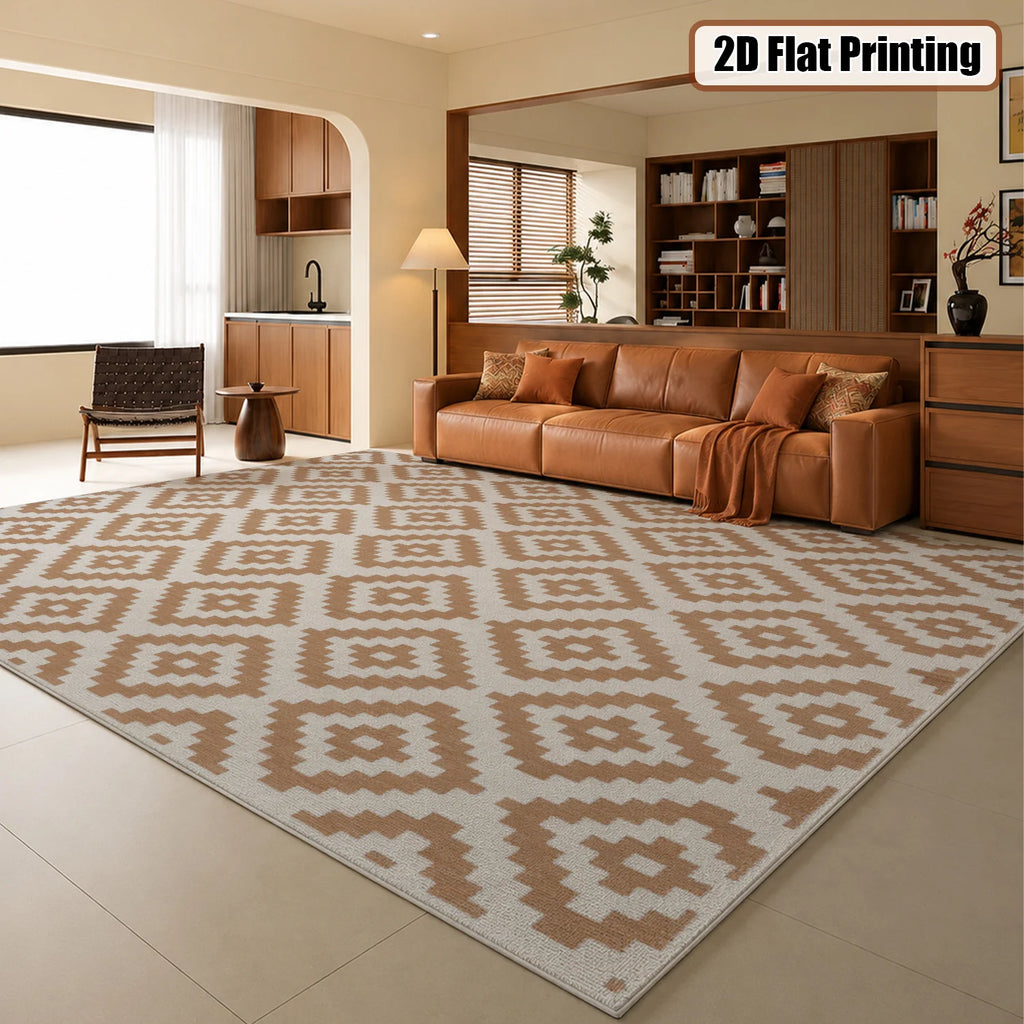 Large Indoor Area Rug, Soft Velvet Low Pile Rug with Non-slip Dotted Backing, Machine Washable Aztec Geometric Pattern Rug, Tan White Tribal Accent Rug for Living Room, Bedroom, Entryway