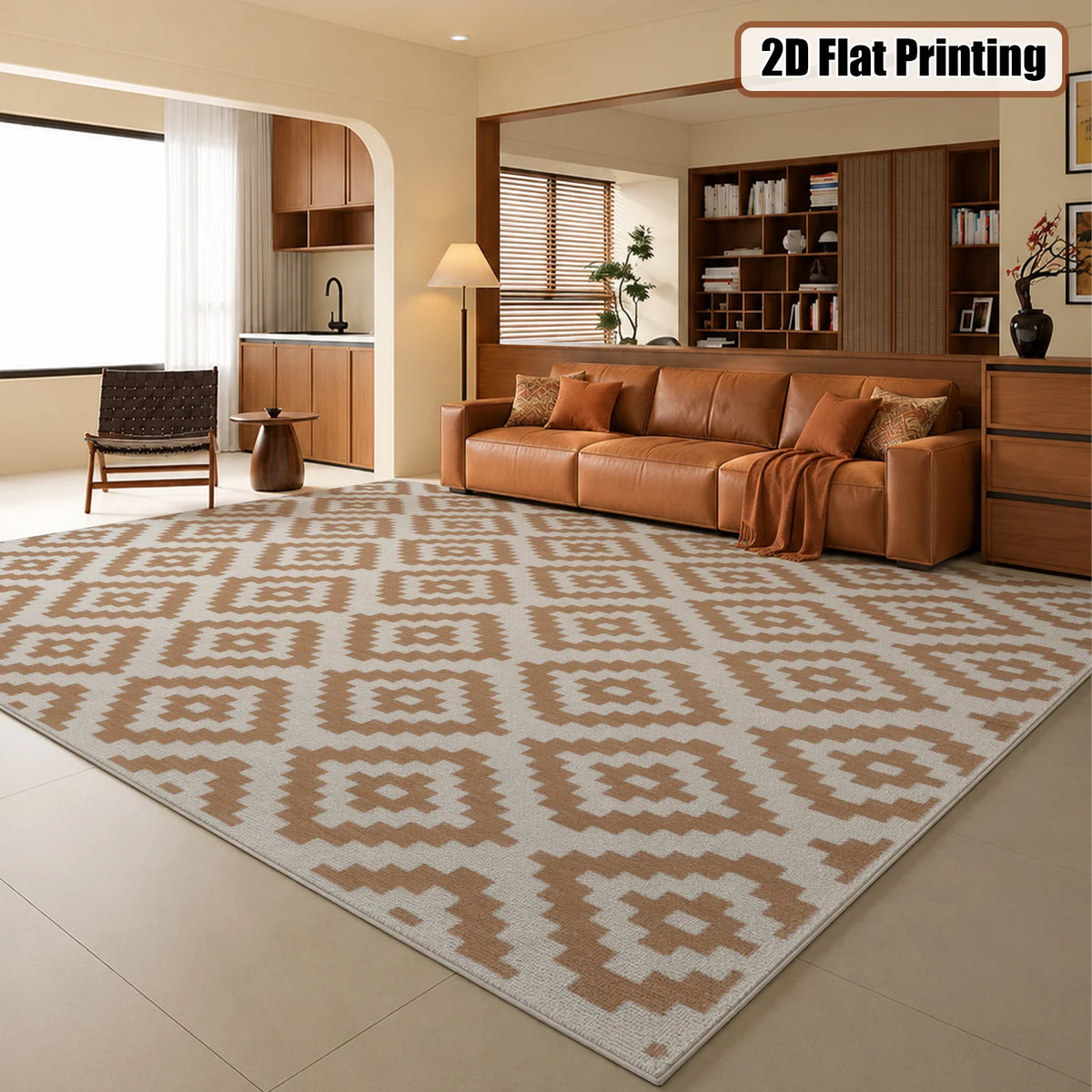 Large Indoor Area Rug, Soft Velvet Low Pile Rug with Non-slip Dotted Backing, Machine Washable Aztec Geometric Pattern Rug, Tan White Tribal Accent Rug for Living Room, Bedroom, Entryway