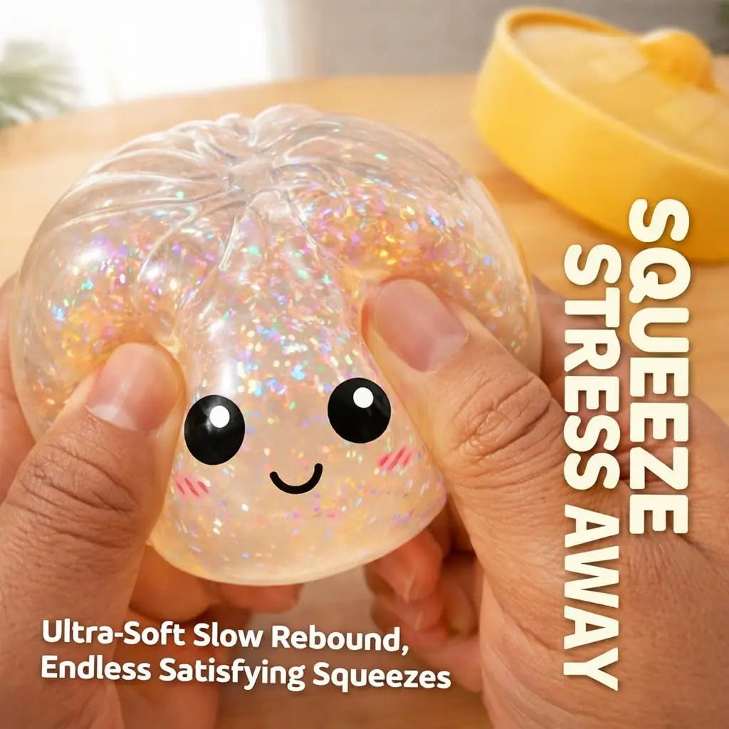 Large 2pc Dumpling Stress Ball with Steamer Colorful Squishy Bun Sensory Toy for Anxiety Relief, Squeeze Dough Ball for Adults&Kids