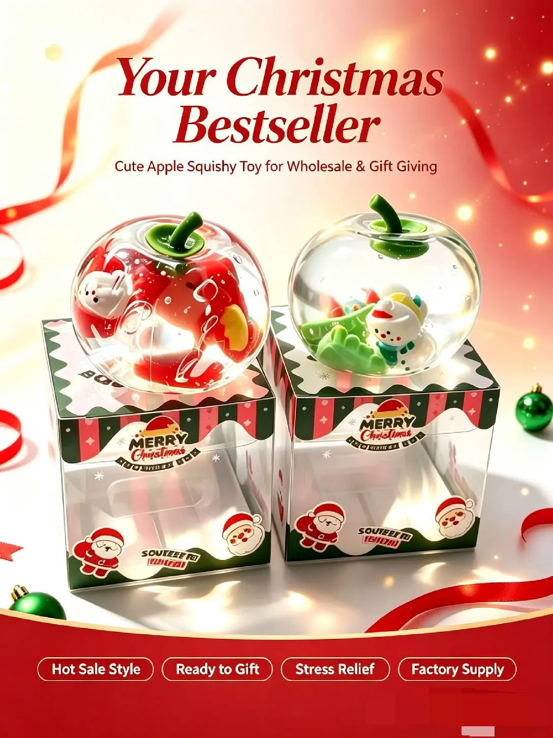 Vaseline Christmas Squishy Snowman Apple Fidget Toy Squeeze Stress Relief Hand Toy Anti-Anxiety Fruit Stretchy Slow Rising Gift