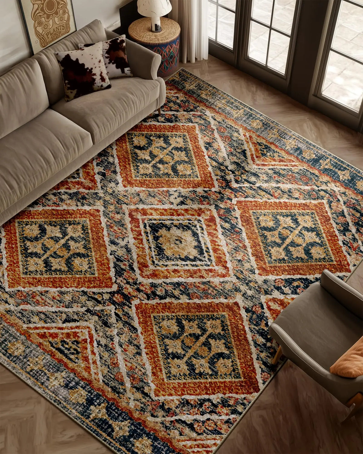 Boho Southwestern Geometric Area Rug, Red Blue Aztec Diamond Border Print, Non-Slip Washable Mat for Living Room Sofa Dining