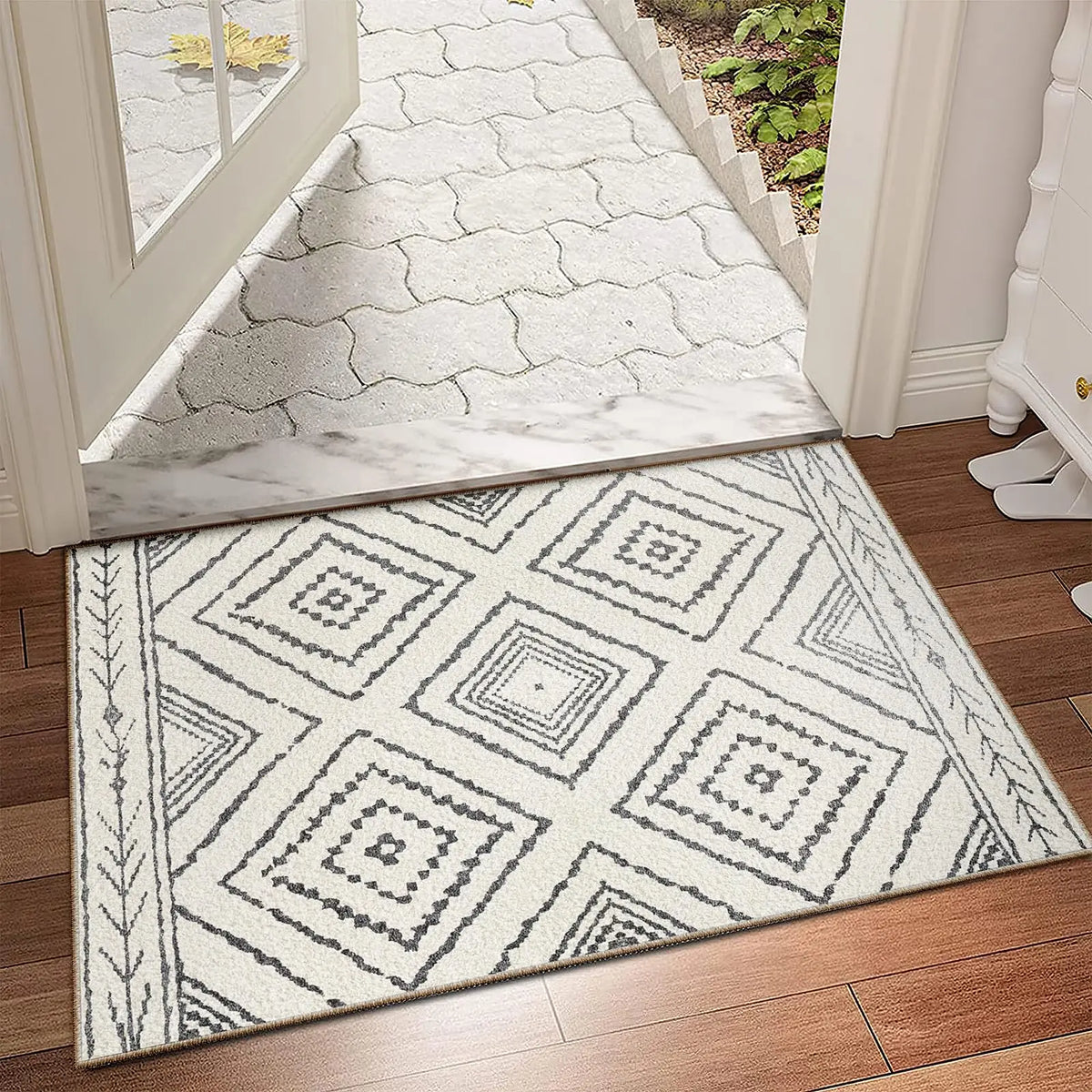 Boho Southwestern Geometric Area Rug, Red Blue Aztec Diamond Border Print, Non-Slip Washable Mat for Living Room Sofa Dining