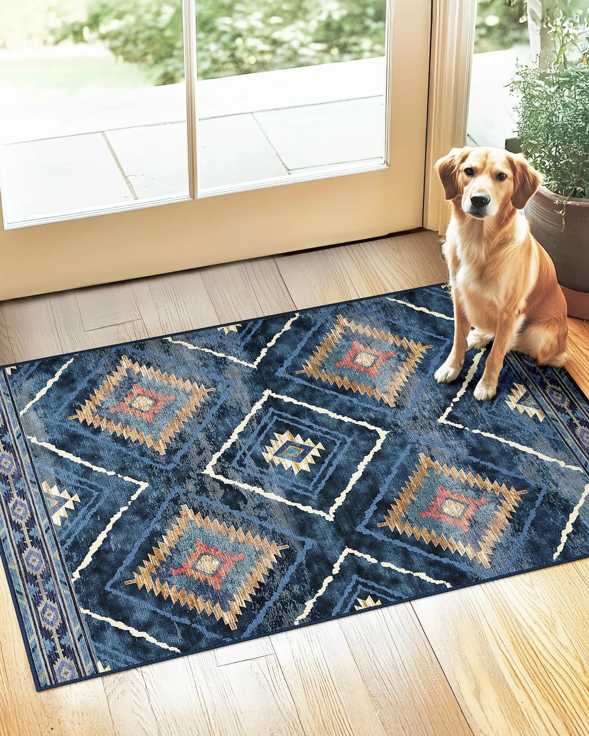 Boho Southwestern Geometric Area Rug, Red Blue Aztec Diamond Border Print, Non-Slip Washable Mat for Living Room Sofa Dining