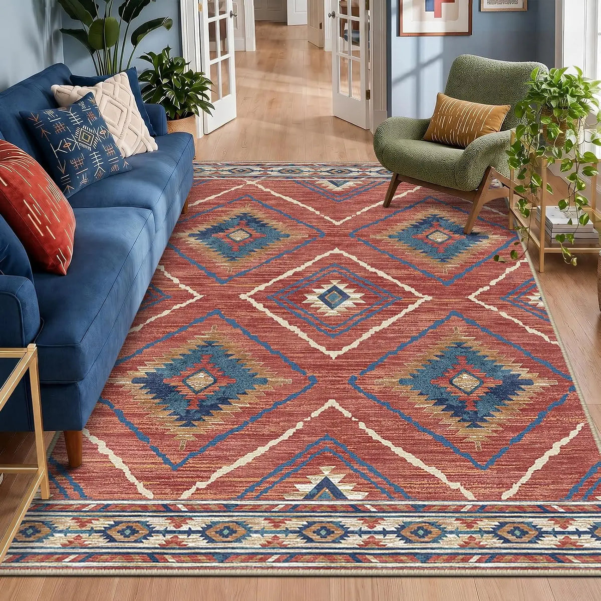 Boho Southwestern Geometric Area Rug, Red Blue Aztec Diamond Border Print, Non-Slip Washable Mat for Living Room Sofa Dining