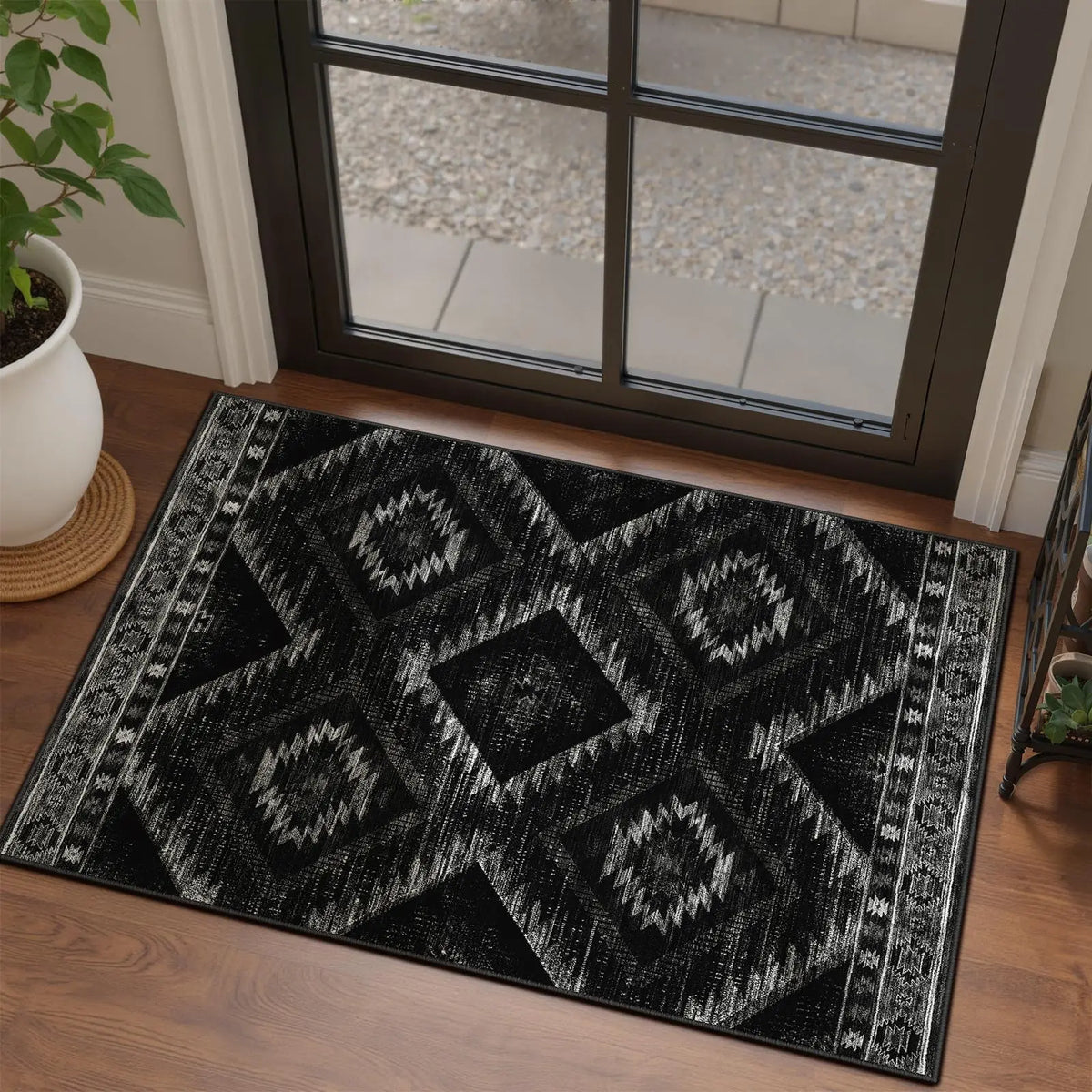 Boho Southwestern Geometric Area Rug, Red Blue Aztec Diamond Border Print, Non-Slip Washable Mat for Living Room Sofa Dining
