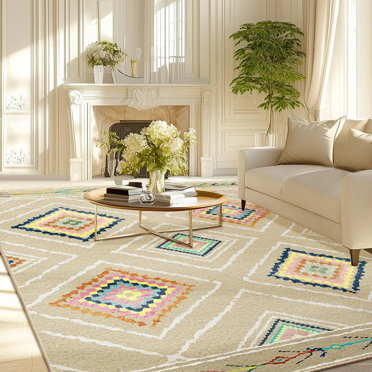 Boho Southwestern Geometric Area Rug, Red Blue Aztec Diamond Border Print, Non-Slip Washable Mat for Living Room Sofa Dining