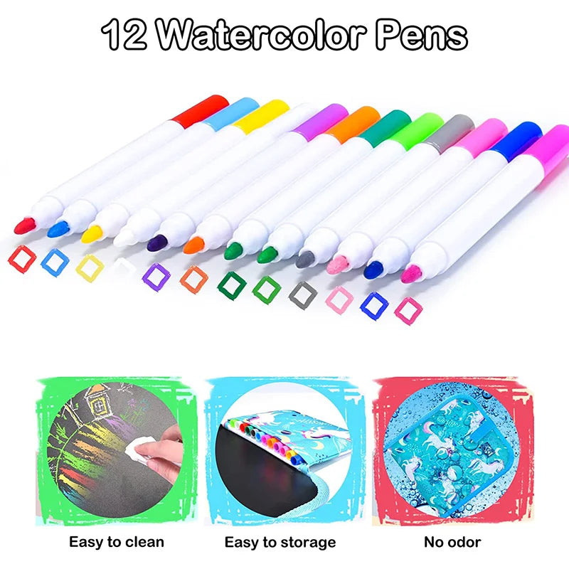 Erasable Doodle Book for KidsToddlers Toys Reusable Drawing Pads with 12 Watercolor Pens Preschool Toy Trip Writing Painting Set