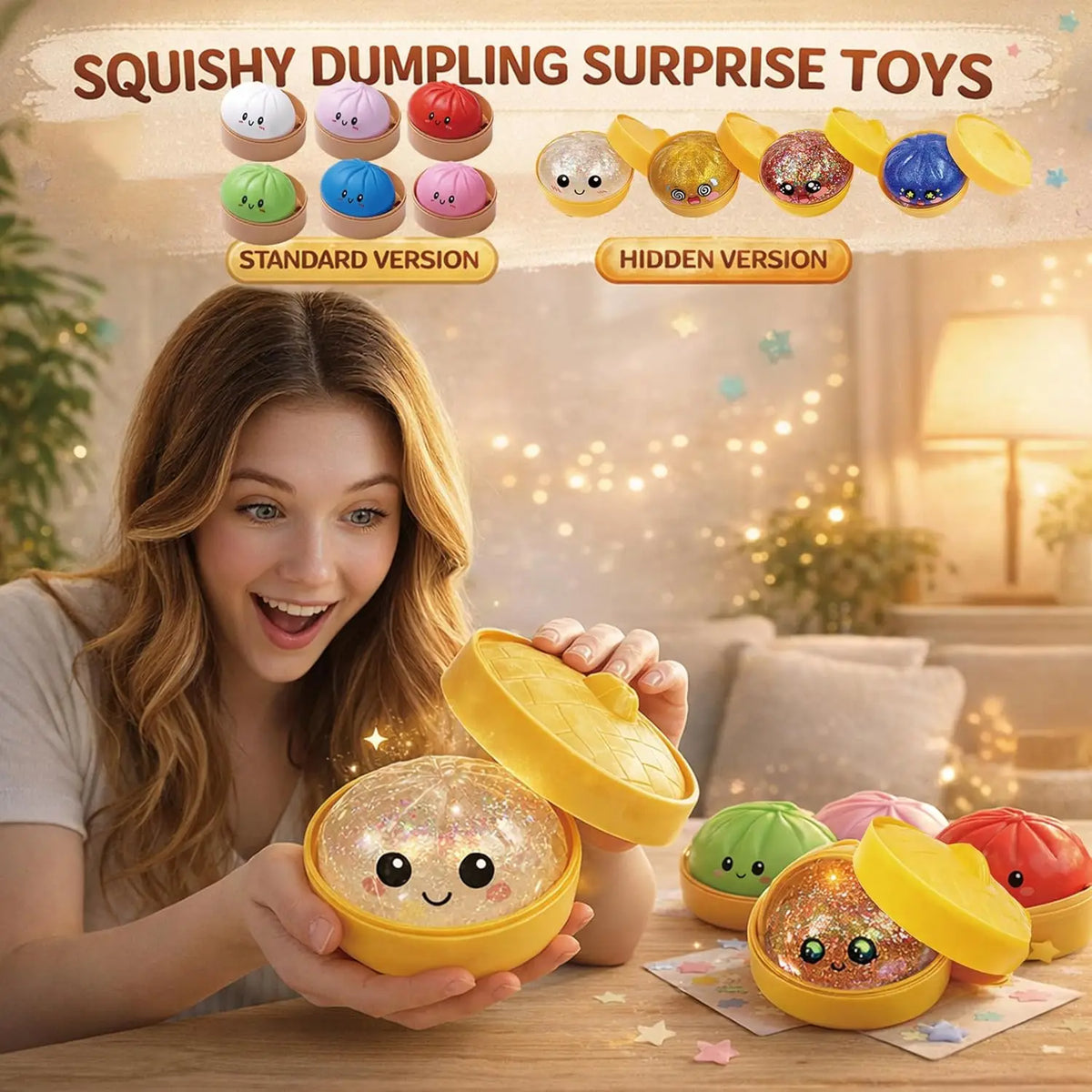 Large 2pc Dumpling Stress Ball with Steamer Colorful Squishy Bun Sensory Toy for Anxiety Relief, Squeeze Dough Ball for Adults&Kids