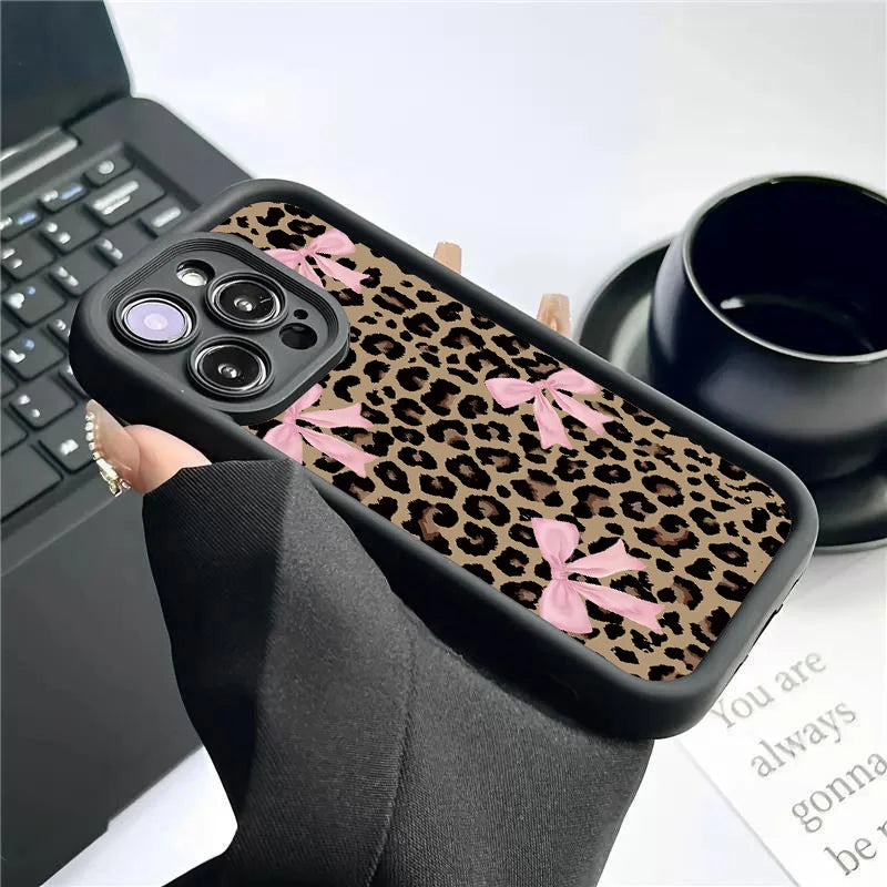 Leopard Print Bow case for iphone 11 12 13 14 15 16 17Pro Max Plus  AIR Series Waterproof Shockproof Anti-Fall Scratch Resistant