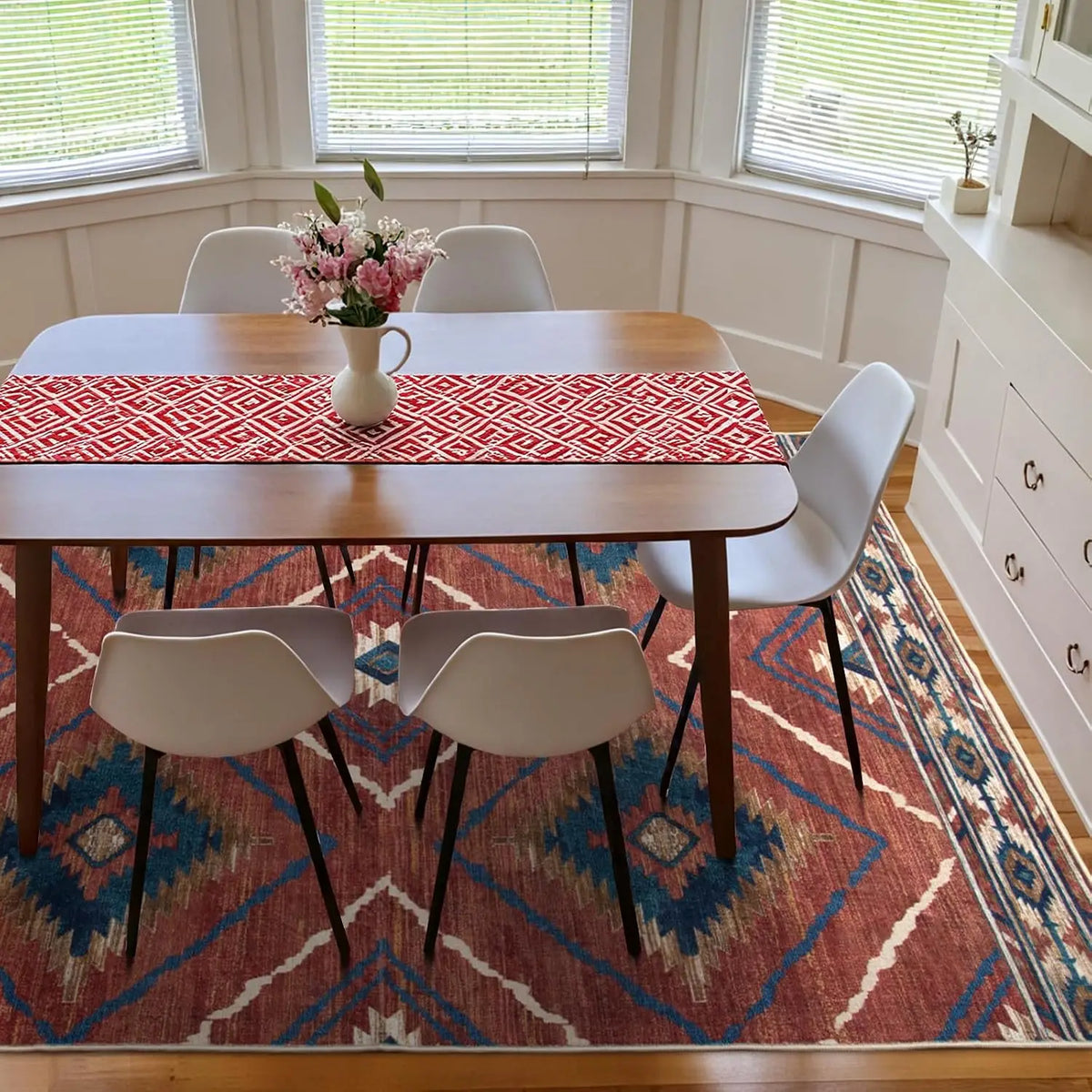 Boho Southwestern Geometric Area Rug, Red Blue Aztec Diamond Border Print, Non-Slip Washable Mat for Living Room Sofa Dining