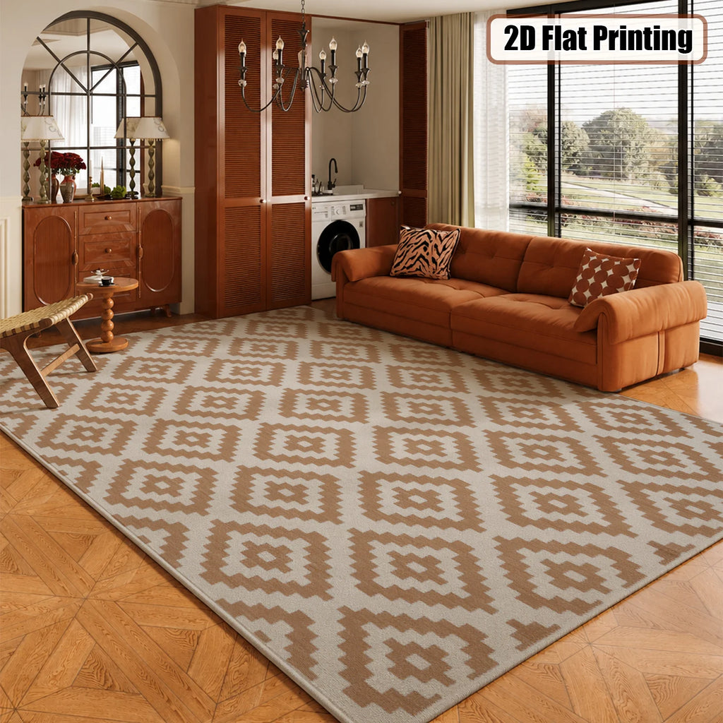Large Indoor Area Rug, Soft Velvet Low Pile Rug with Non-slip Dotted Backing, Machine Washable Aztec Geometric Pattern Rug, Tan White Tribal Accent Rug for Living Room, Bedroom, Entryway