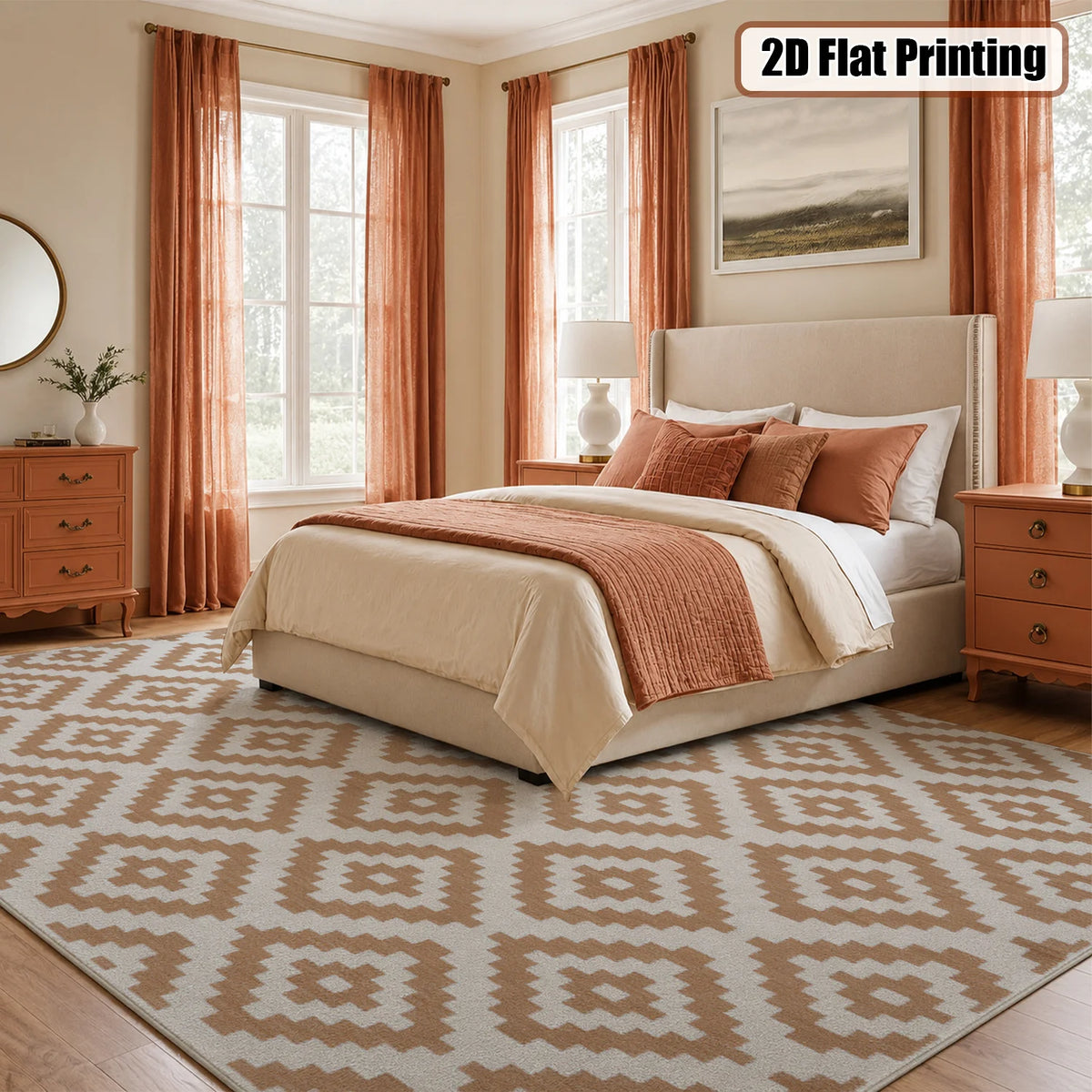 Large Indoor Area Rug, Soft Velvet Low Pile Rug with Non-slip Dotted Backing, Machine Washable Aztec Geometric Pattern Rug, Tan White Tribal Accent Rug for Living Room, Bedroom, Entryway