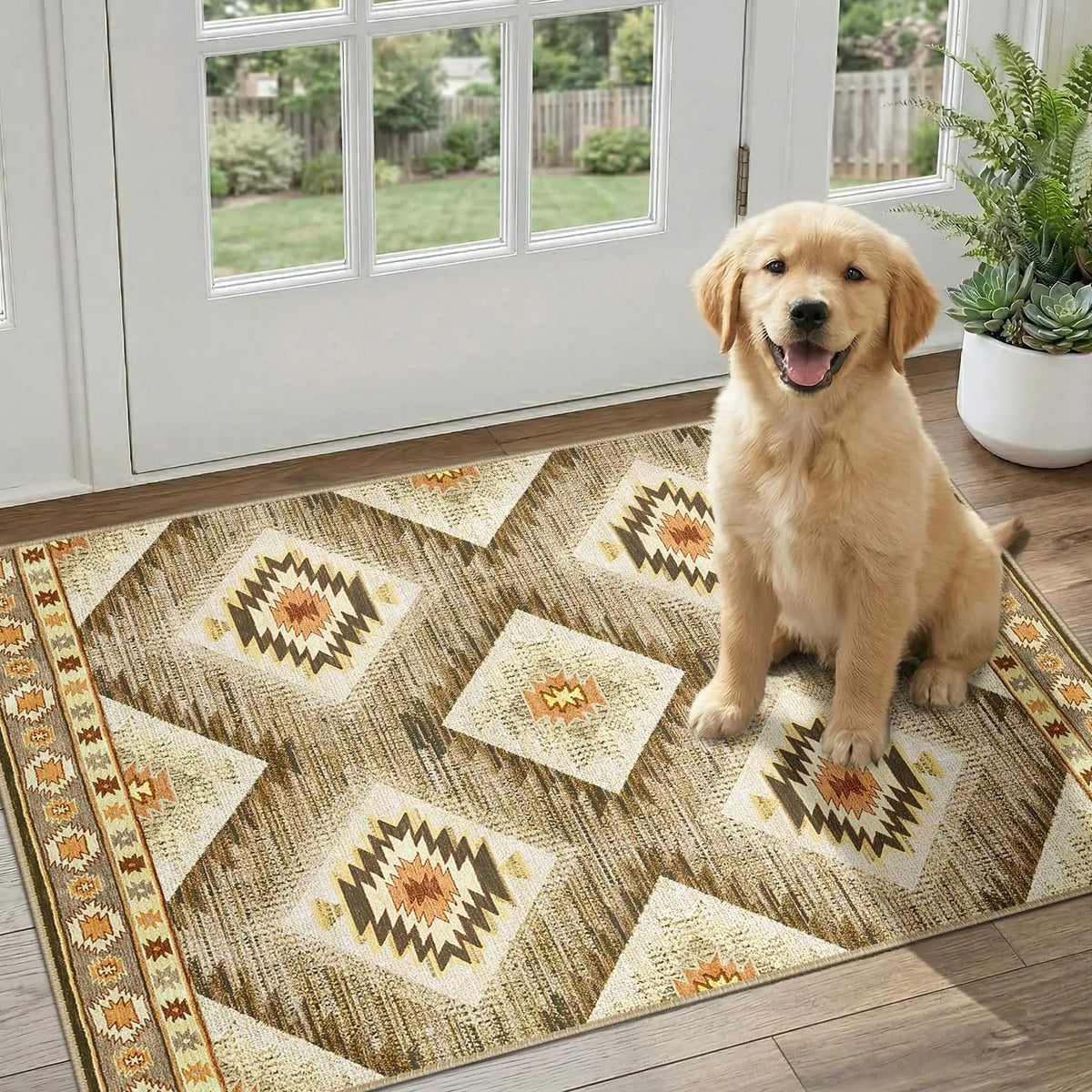 Boho Southwestern Geometric Area Rug, Red Blue Aztec Diamond Border Print, Non-Slip Washable Mat for Living Room Sofa Dining