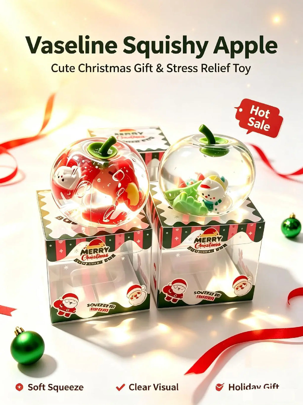 Vaseline Christmas Squishy Snowman Apple Fidget Toy Squeeze Stress Relief Hand Toy Anti-Anxiety Fruit Stretchy Slow Rising Gift