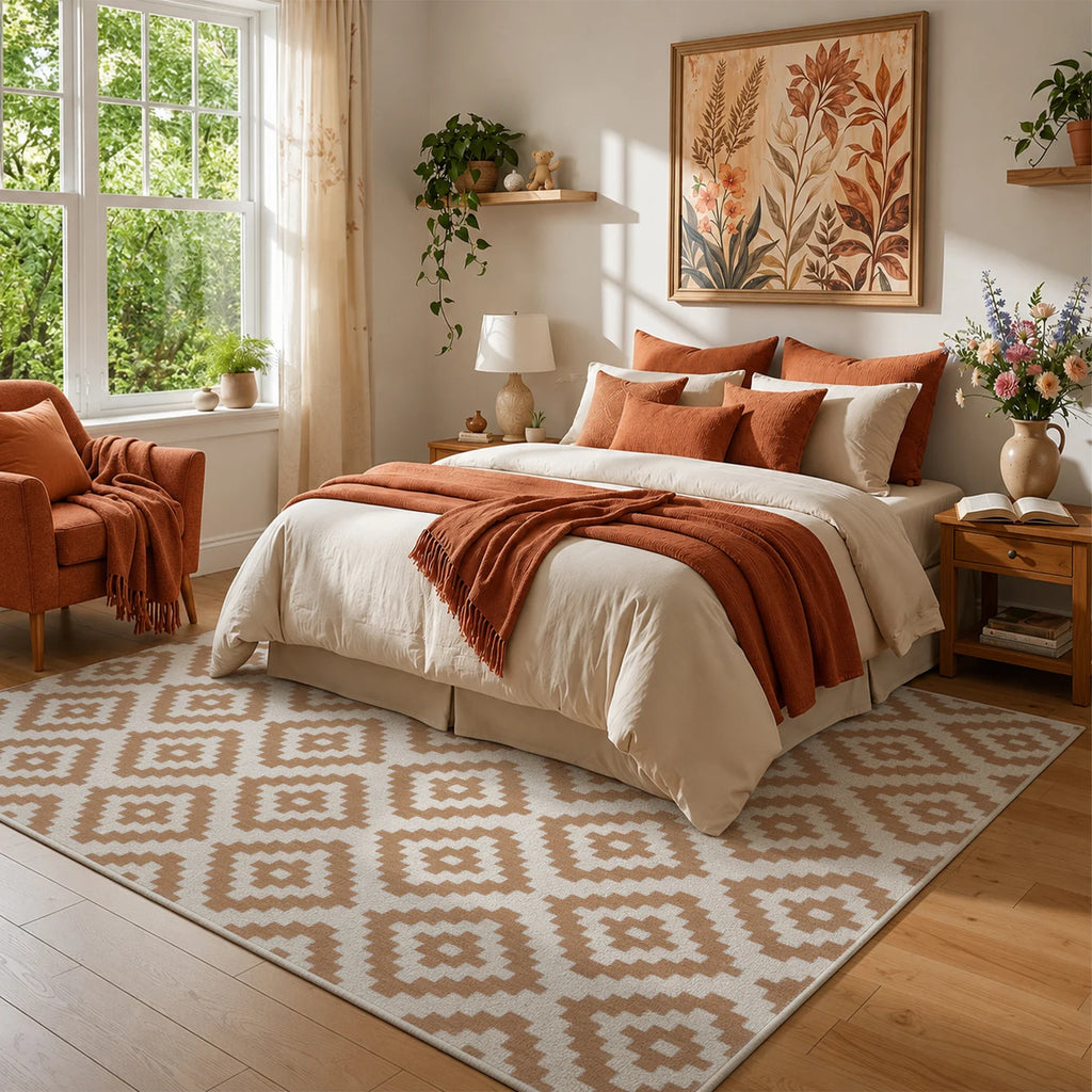 Large Indoor Area Rug, Soft Velvet Low Pile Rug with Non-slip Dotted Backing, Machine Washable Aztec Geometric Pattern Rug, Tan White Tribal Accent Rug for Living Room, Bedroom, Entryway