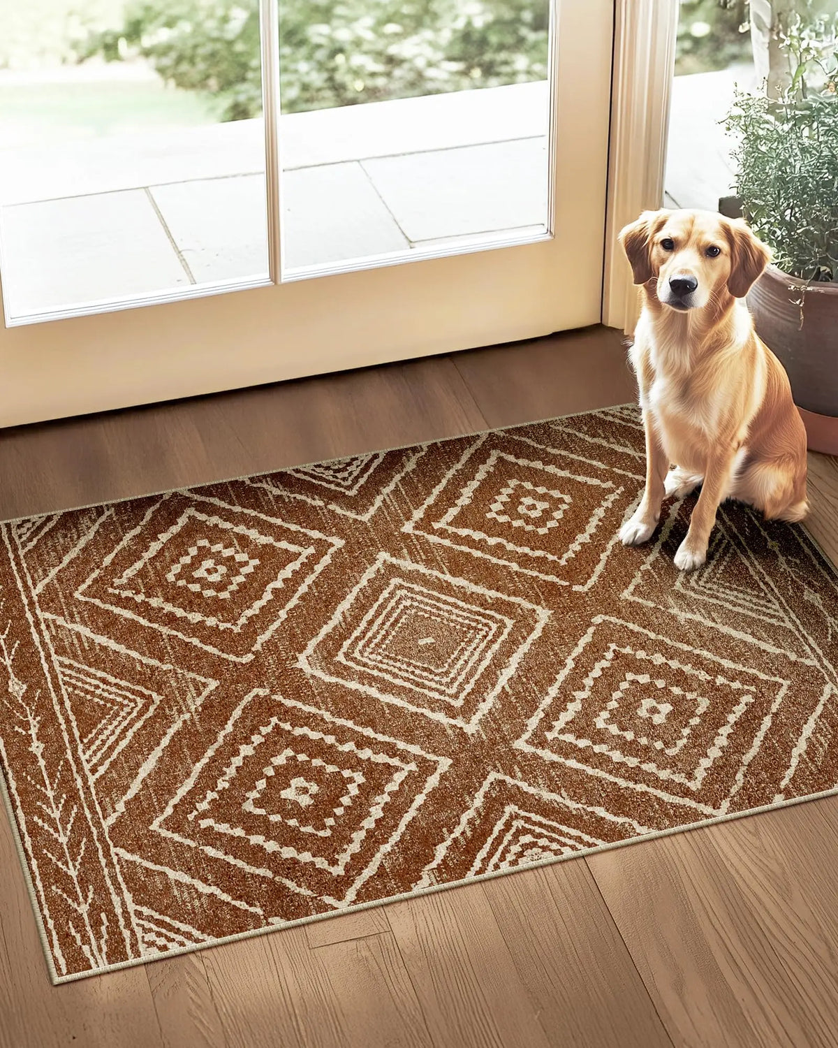 Boho Southwestern Geometric Area Rug, Red Blue Aztec Diamond Border Print, Non-Slip Washable Mat for Living Room Sofa Dining