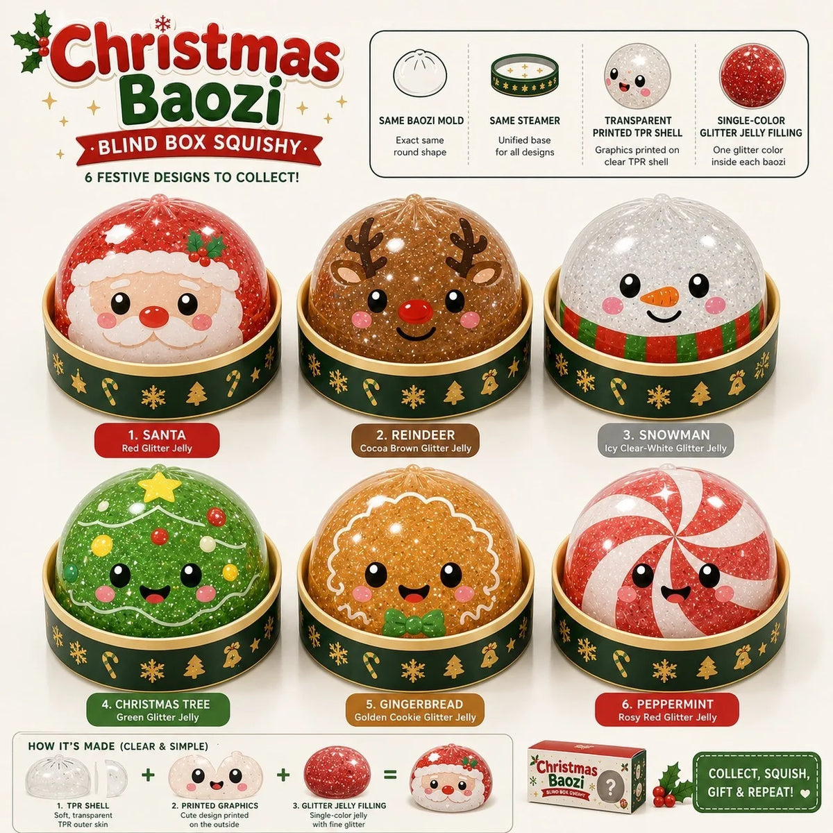 Christmas-themed Cute Bun Squeeze Stress Relief Toy Bun Squishy for Venting Office Grip Stress Toy Gift Desktop Decoration