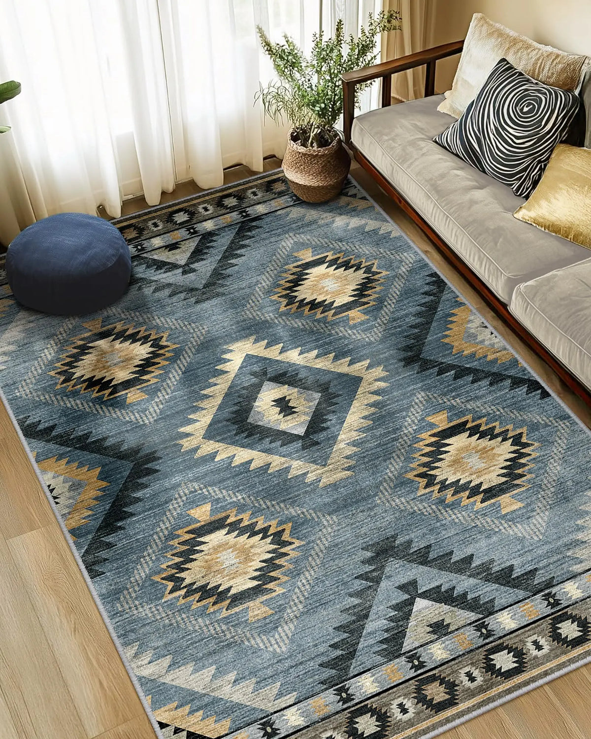 Boho Southwestern Geometric Area Rug, Red Blue Aztec Diamond Border Print, Non-Slip Washable Mat for Living Room Sofa Dining