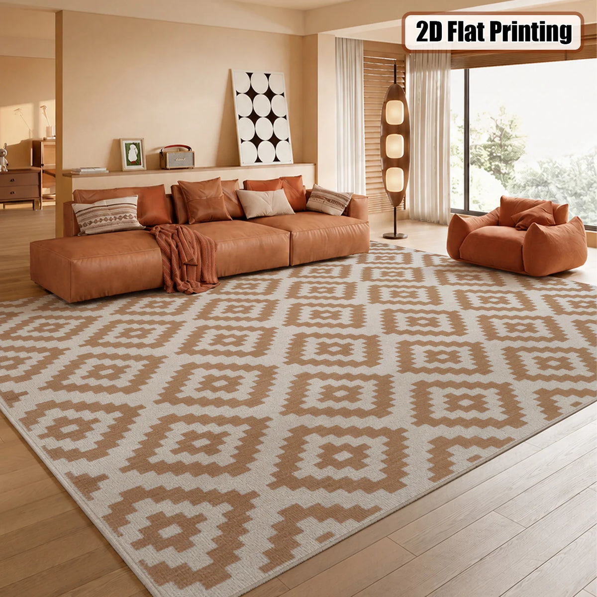 Large Indoor Area Rug, Soft Velvet Low Pile Rug with Non-slip Dotted Backing, Machine Washable Aztec Geometric Pattern Rug, Tan White Tribal Accent Rug for Living Room, Bedroom, Entryway