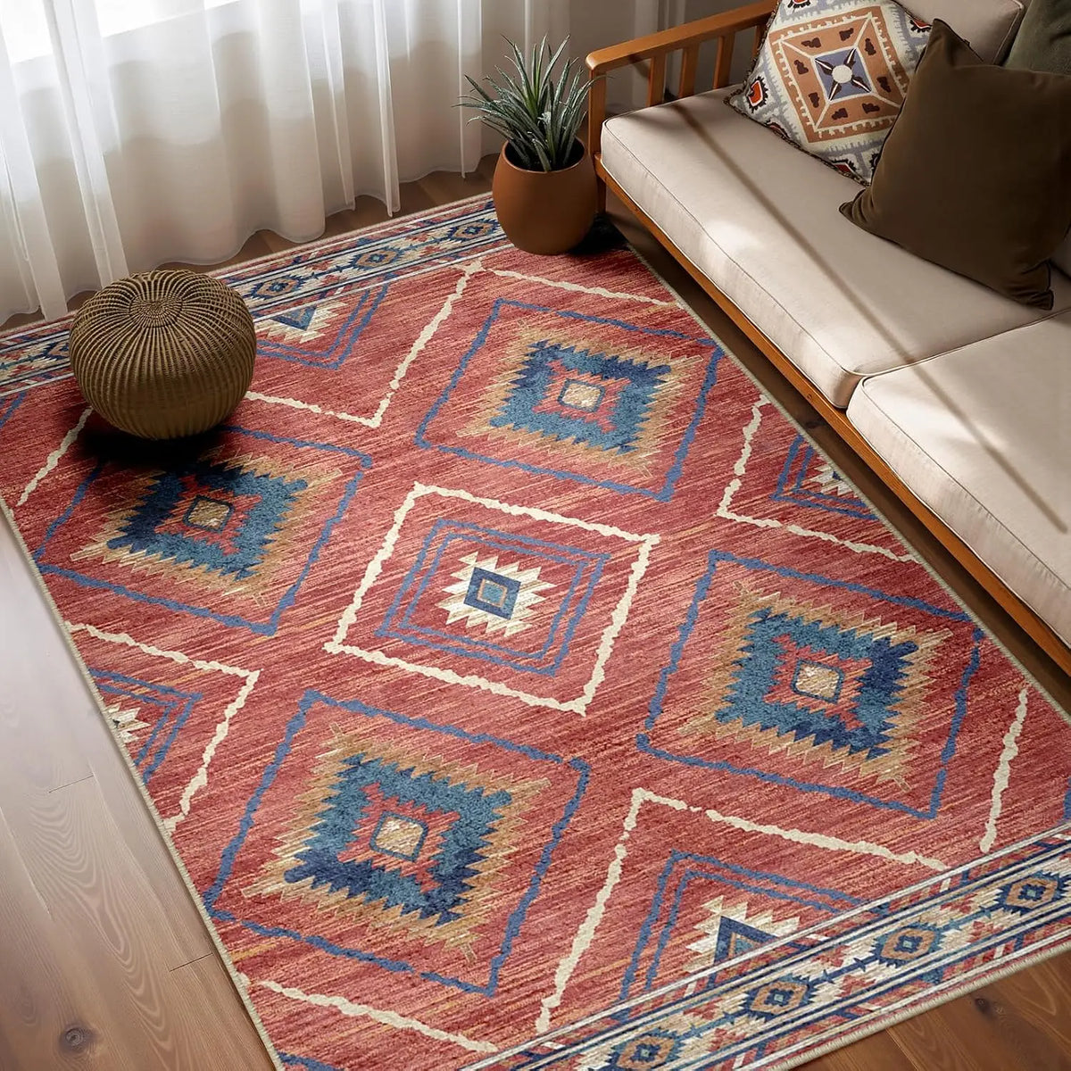 Boho Southwestern Geometric Area Rug, Red Blue Aztec Diamond Border Print, Non-Slip Washable Mat for Living Room Sofa Dining