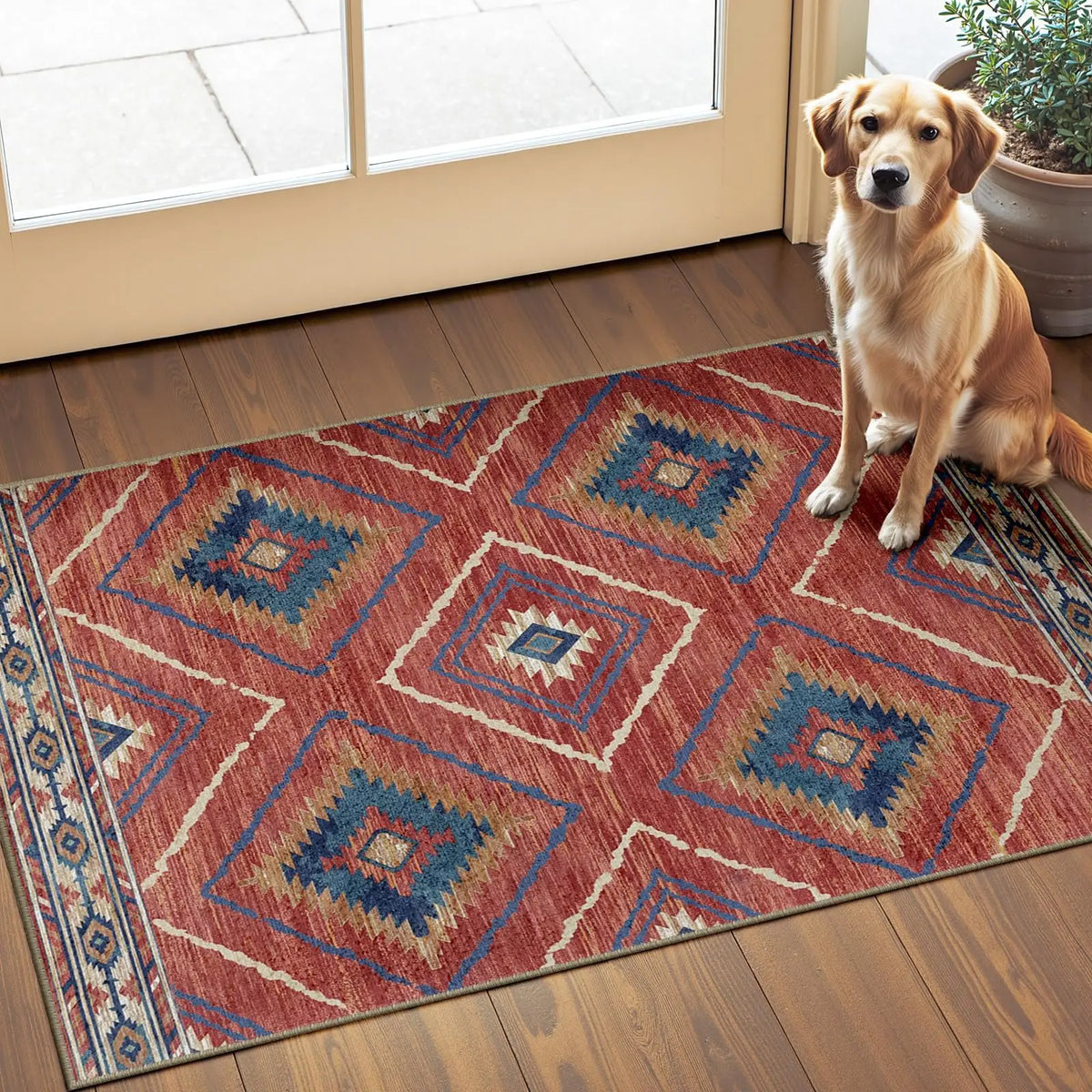 Boho Southwestern Geometric Area Rug, Red Blue Aztec Diamond Border Print, Non-Slip Washable Mat for Living Room Sofa Dining