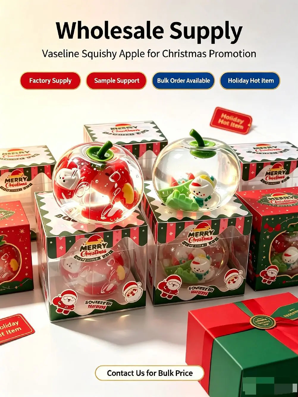 Vaseline Christmas Squishy Snowman Apple Fidget Toy Squeeze Stress Relief Hand Toy Anti-Anxiety Fruit Stretchy Slow Rising Gift