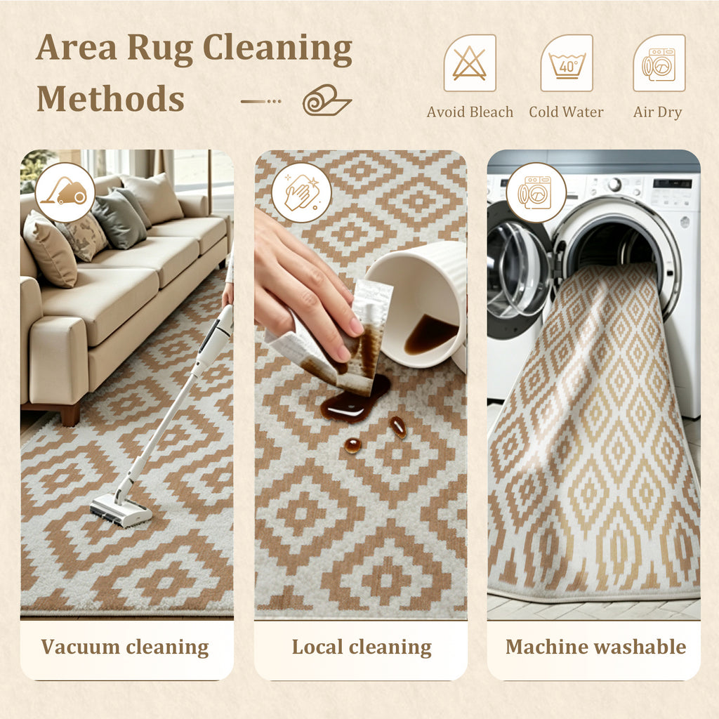 Large Indoor Area Rug, Soft Velvet Low Pile Rug with Non-slip Dotted Backing, Machine Washable Aztec Geometric Pattern Rug, Tan White Tribal Accent Rug for Living Room, Bedroom, Entryway